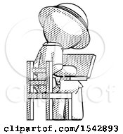 Halftone Explorer Ranger Man Using Laptop Computer While Sitting In Chair View From Back