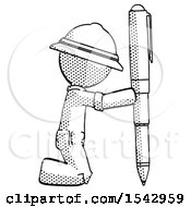 Halftone Explorer Ranger Man Posing With Giant Pen In Powerful Yet Awkward Manner
