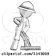 Halftone Explorer Ranger Man Cleaning Services Janitor Sweeping Floor With Push Broom