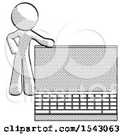 Poster, Art Print Of Halftone Design Mascot Man Beside Large Laptop Computer Leaning Against It