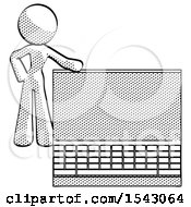 Halftone Design Mascot Woman Beside Large Laptop Computer Leaning Against It