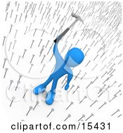 Egotistical And Mean Blue Boss Holding A Hammer Up Above Nails That Symbolize Innocent Employees Clipart Illustration Image by 3poD