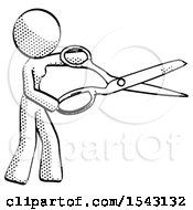 Halftone Design Mascot Woman Holding Giant Scissors Cutting Out Something