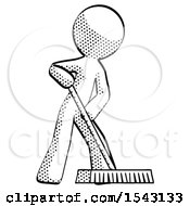 Halftone Design Mascot Man Cleaning Services Janitor Sweeping Floor With Push Broom