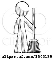 Halftone Design Mascot Man Standing With Broom Cleaning Services