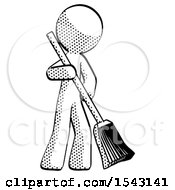 Halftone Design Mascot Man Sweeping Area With Broom