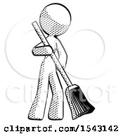 Halftone Design Mascot Woman Sweeping Area With Broom