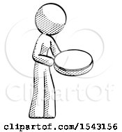 Poster, Art Print Of Halftone Design Mascot Woman Looking At Large Compass Facing Right