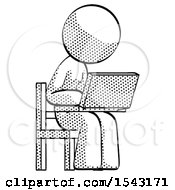 Poster, Art Print Of Halftone Design Mascot Woman Using Laptop Computer While Sitting In Chair Angled Right