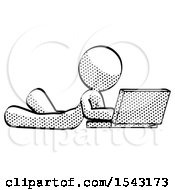 Poster, Art Print Of Halftone Design Mascot Woman Using Laptop Computer While Lying On Floor Side Angled View
