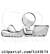 Poster, Art Print Of Halftone Design Mascot Man Using Laptop Computer While Lying On Floor Side Angled View