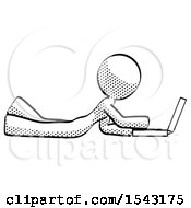 Poster, Art Print Of Halftone Design Mascot Woman Using Laptop Computer While Lying On Floor Side View