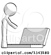 Poster, Art Print Of Halftone Design Mascot Man Using Large Laptop Computer Side Orthographic View