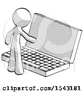Poster, Art Print Of Halftone Design Mascot Man Using Large Laptop Computer