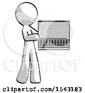 Poster, Art Print Of Halftone Design Mascot Man Holding Laptop Computer Presenting Something On Screen