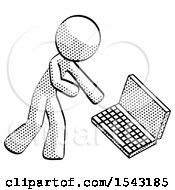 Halftone Design Mascot Man Throwing Laptop Computer In Frustration by Leo Blanchette