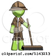 Green Explorer Ranger Man Standing With Industrial Broom