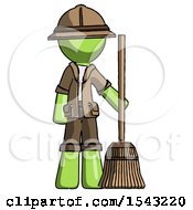 Green Explorer Ranger Man Standing With Broom Cleaning Services