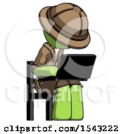 Poster, Art Print Of Green Explorer Ranger Man Using Laptop Computer While Sitting In Chair Angled Right
