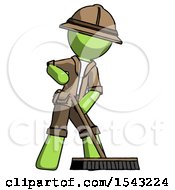 Poster, Art Print Of Green Explorer Ranger Man Cleaning Services Janitor Sweeping Floor With Push Broom