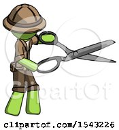 Poster, Art Print Of Green Explorer Ranger Man Holding Giant Scissors Cutting Out Something