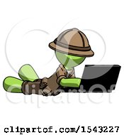 Poster, Art Print Of Green Explorer Ranger Man Using Laptop Computer While Lying On Floor Side Angled View