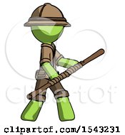 Green Explorer Ranger Man Holding Bo Staff In Sideways Defense Pose
