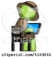 Poster, Art Print Of Green Explorer Ranger Man Using Laptop Computer While Sitting In Chair View From Back