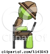 Poster, Art Print Of Green Explorer Ranger Man Using Laptop Computer While Sitting In Chair View From Side