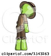 Poster, Art Print Of Green Explorer Ranger Man Depressed With Head Down Back To Viewer Right