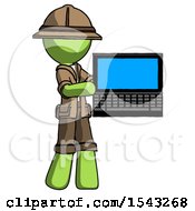 Green Explorer Ranger Man Holding Laptop Computer Presenting Something On Screen