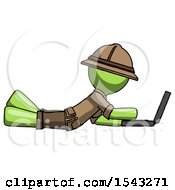 Poster, Art Print Of Green Explorer Ranger Man Using Laptop Computer While Lying On Floor Side View