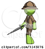 Poster, Art Print Of Green Explorer Ranger Man With Sword Walking Confidently