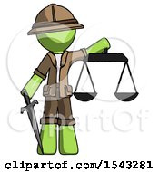 Poster, Art Print Of Green Explorer Ranger Man Justice Concept With Scales And Sword Justicia Derived
