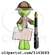 Poster, Art Print Of Green Explorer Ranger Man Holding Large Envelope And Calligraphy Pen