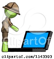 Green Explorer Ranger Man Using Large Laptop Computer Side Orthographic View
