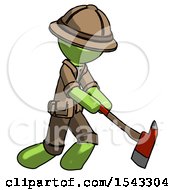 Poster, Art Print Of Green Explorer Ranger Man Striking With A Red Firefighters Ax