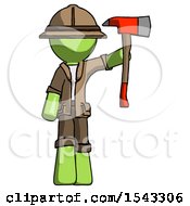 Poster, Art Print Of Green Explorer Ranger Man Holding Up Red Firefighters Ax