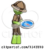 Poster, Art Print Of Green Explorer Ranger Man Looking At Large Compass Facing Right