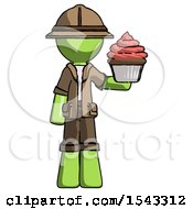 Poster, Art Print Of Green Explorer Ranger Man Presenting Pink Cupcake To Viewer