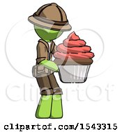Poster, Art Print Of Green Explorer Ranger Man Holding Large Cupcake Ready To Eat Or Serve