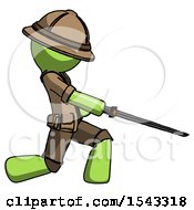 Green Explorer Ranger Man With Ninja Sword Katana Slicing Or Striking Something