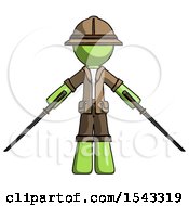 Green Explorer Ranger Man Posing With Two Ninja Sword Katanas