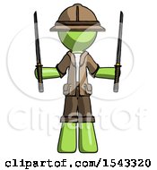 Green Explorer Ranger Man Posing With Two Ninja Sword Katanas Up