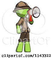Poster, Art Print Of Green Explorer Ranger Man Shouting Into Megaphone Bullhorn Facing Right