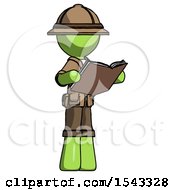 Poster, Art Print Of Green Explorer Ranger Man Reading Book While Standing Up Facing Away