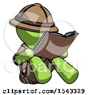 Poster, Art Print Of Green Explorer Ranger Man Reading Book While Sitting Down