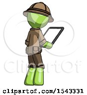 Poster, Art Print Of Green Explorer Ranger Man Looking At Tablet Device Computer Facing Away