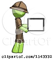 Poster, Art Print Of Green Explorer Ranger Man Show Tablet Device Computer To Viewer Blank Area