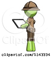 Poster, Art Print Of Green Explorer Ranger Man Looking At Tablet Device Computer With Back To Viewer